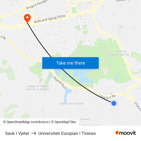 Sauk I Vjeter to Universiteti Europian I Tiranes map