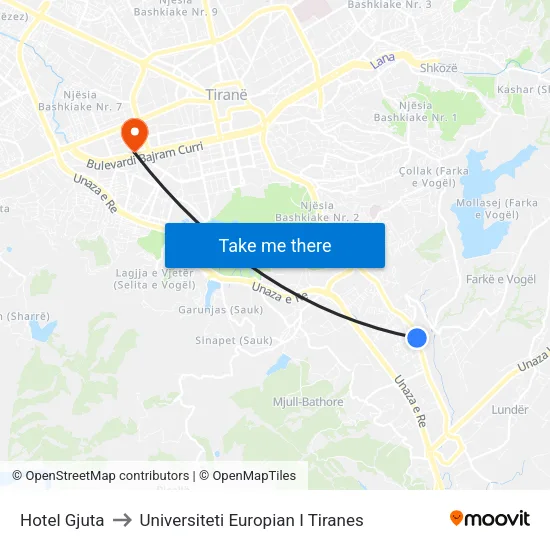 Hotel Gjuta to Universiteti Europian I Tiranes map