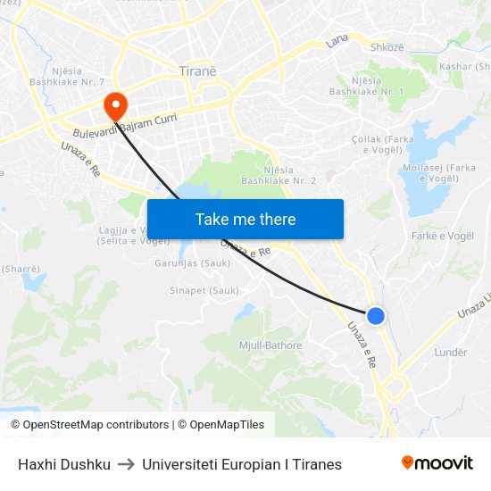 Haxhi Dushku to Universiteti Europian I Tiranes map