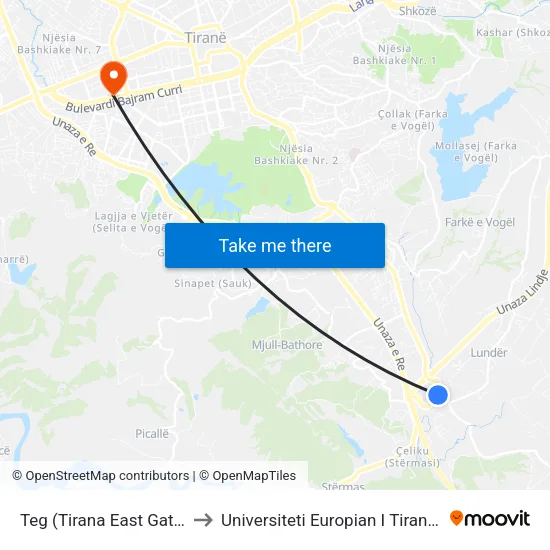 Teg (Tirana East Gate) to Universiteti Europian I Tiranes map