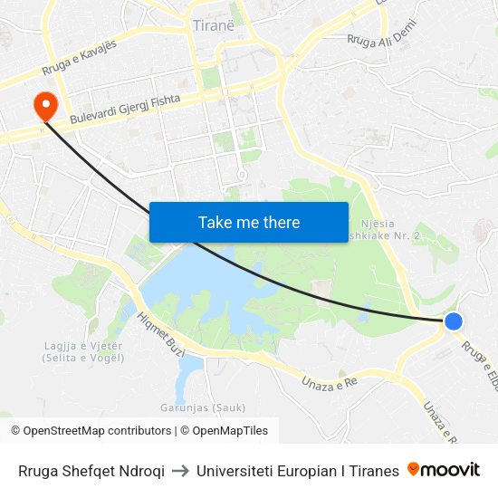 Rruga Shefqet Ndroqi to Universiteti Europian I Tiranes map
