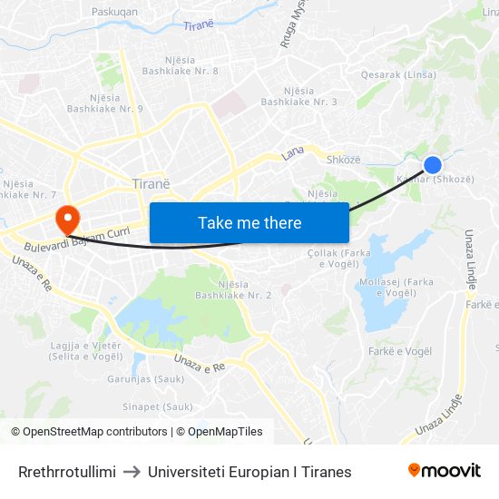 Rrethrrotullimi to Universiteti Europian I Tiranes map