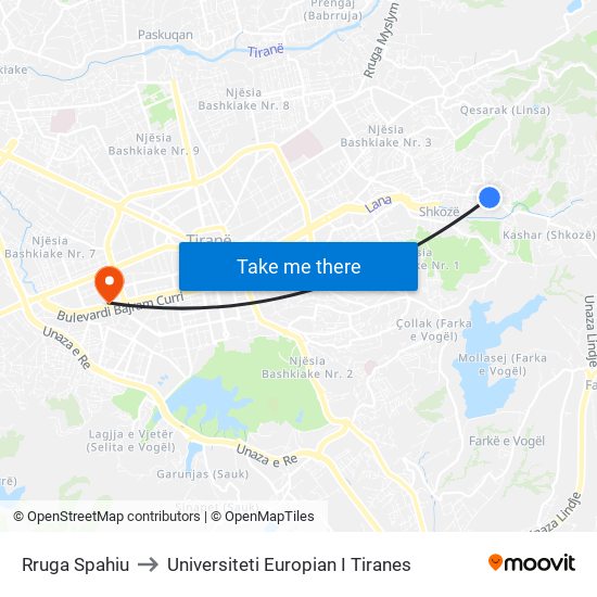Rruga Spahiu to Universiteti Europian I Tiranes map