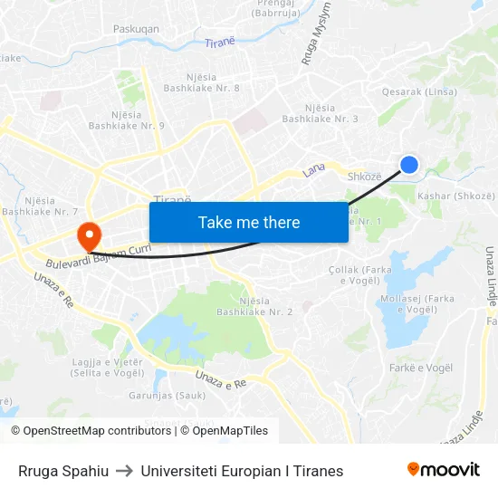 Rruga Spahiu to Universiteti Europian I Tiranes map