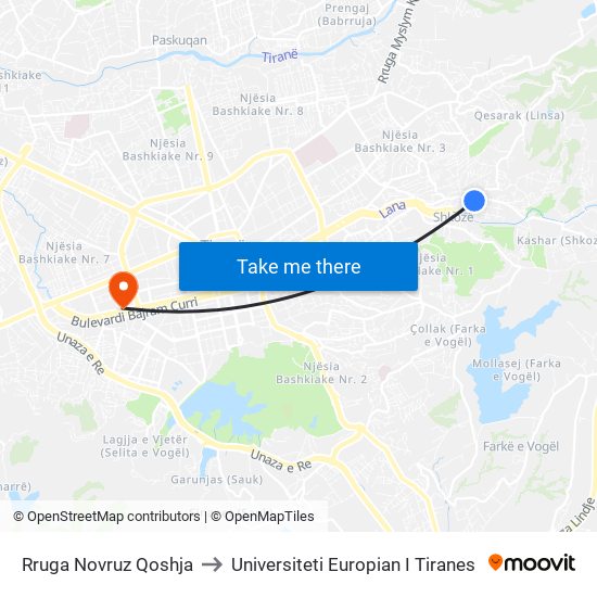 Rruga Novruz Qoshja to Universiteti Europian I Tiranes map