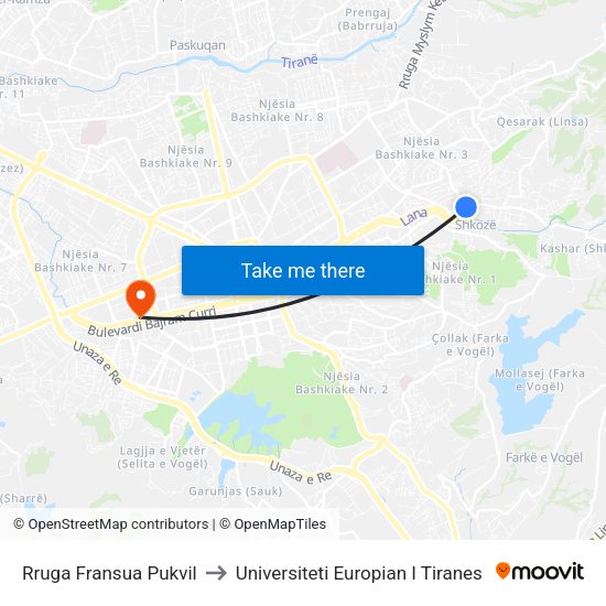 Rruga Fransua Pukvil to Universiteti Europian I Tiranes map
