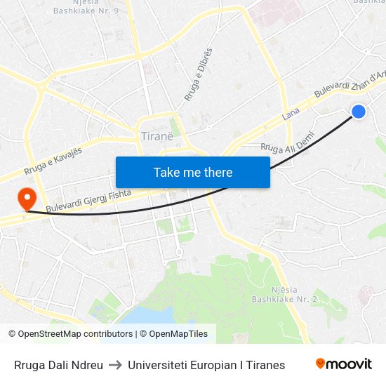 Rruga Dali Ndreu to Universiteti Europian I Tiranes map