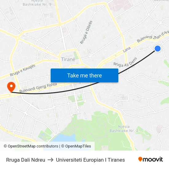 Rruga Dali Ndreu to Universiteti Europian I Tiranes map