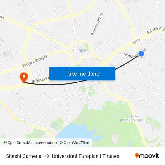 Sheshi Cameria to Universiteti Europian I Tiranes map