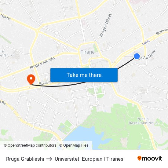 Rruga Grablieshi to Universiteti Europian I Tiranes map