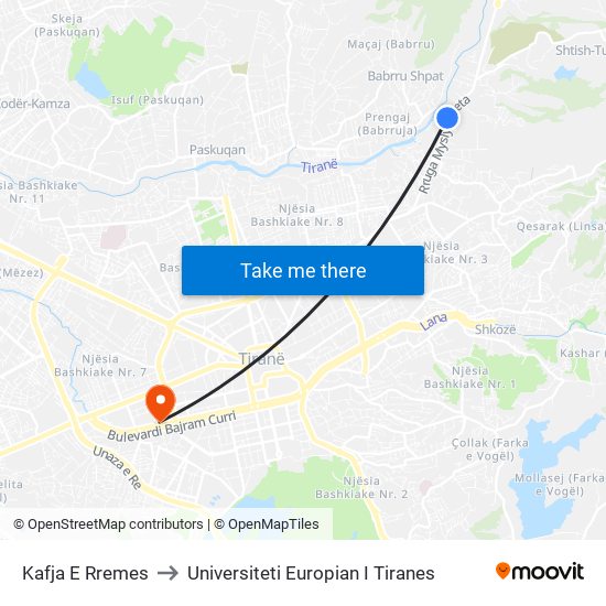 Kafja E Rremes to Universiteti Europian I Tiranes map