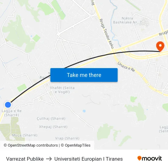 Varrezat Publike to Universiteti Europian I Tiranes map