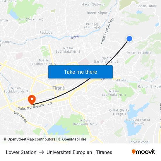 Lower Station to Universiteti Europian I Tiranes map