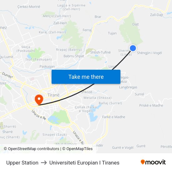 Upper Station to Universiteti Europian I Tiranes map