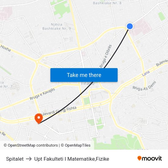 Spitalet to Upt Fakulteti I Matematike,Fizike map