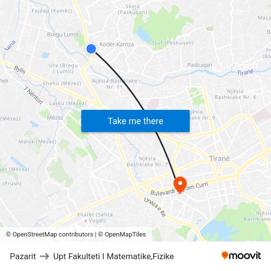 Pazarit to Upt Fakulteti I Matematike,Fizike map
