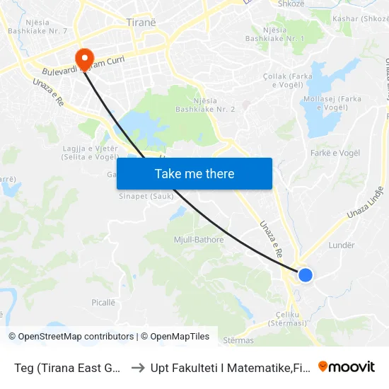 Teg (Tirana East Gate) to Upt Fakulteti I Matematike,Fizike map