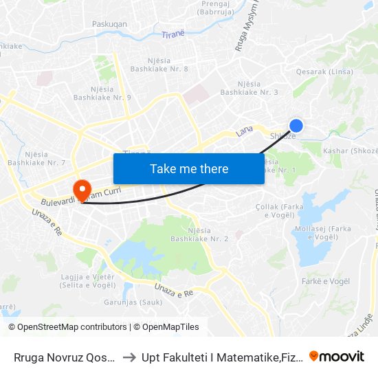 Rruga Novruz Qoshja to Upt Fakulteti I Matematike,Fizike map