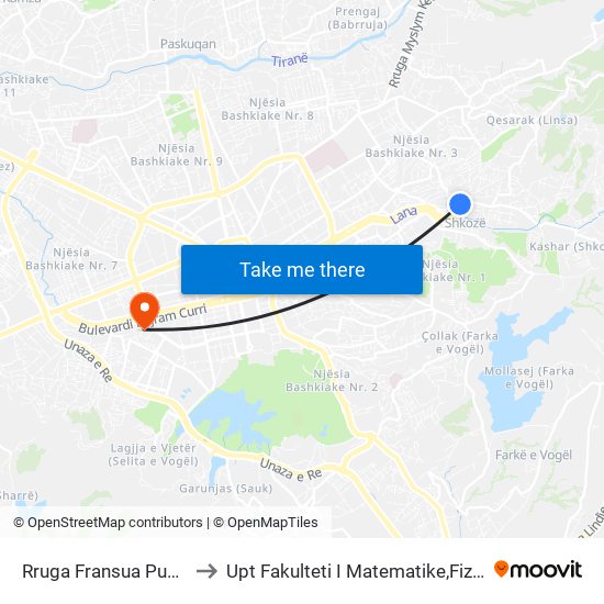 Rruga Fransua Pukvil to Upt Fakulteti I Matematike,Fizike map