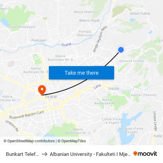 Bunkart Teleferik to Albanian University - Fakulteti I Mjekësisë map