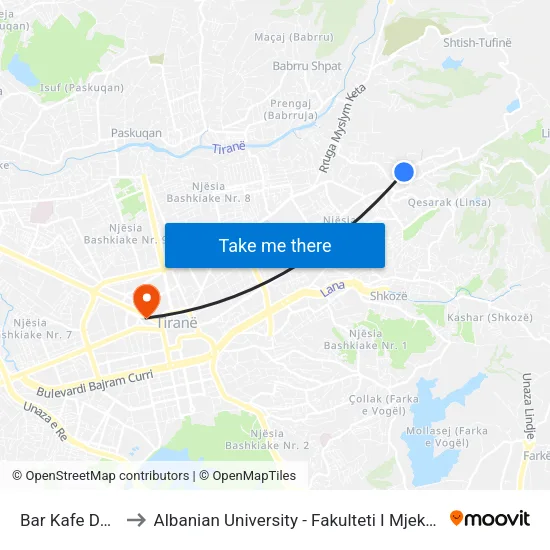 Bar Kafe Deliu to Albanian University - Fakulteti I Mjekësisë map