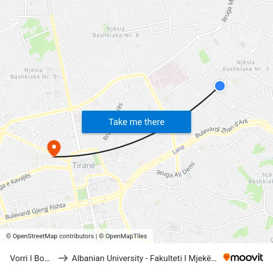 Vorri I Bomit to Albanian University - Fakulteti I Mjekësisë map