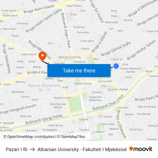 Pazari I Ri to Albanian University - Fakulteti I Mjekësisë map