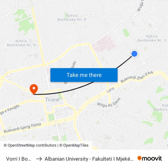 Vorri I Bomit to Albanian University - Fakulteti I Mjekësisë map