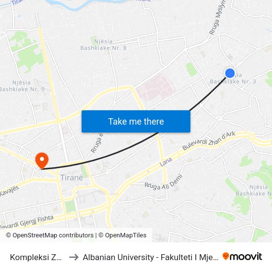 Kompleksi Zhura to Albanian University - Fakulteti I Mjekësisë map