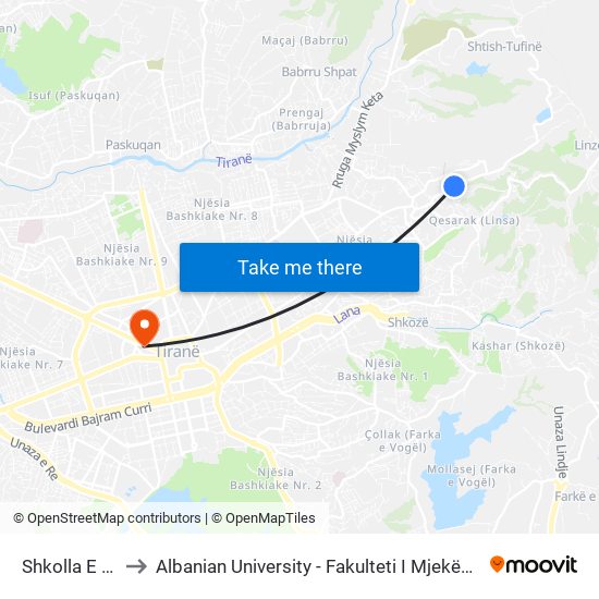 Shkolla E Re to Albanian University - Fakulteti I Mjekësisë map