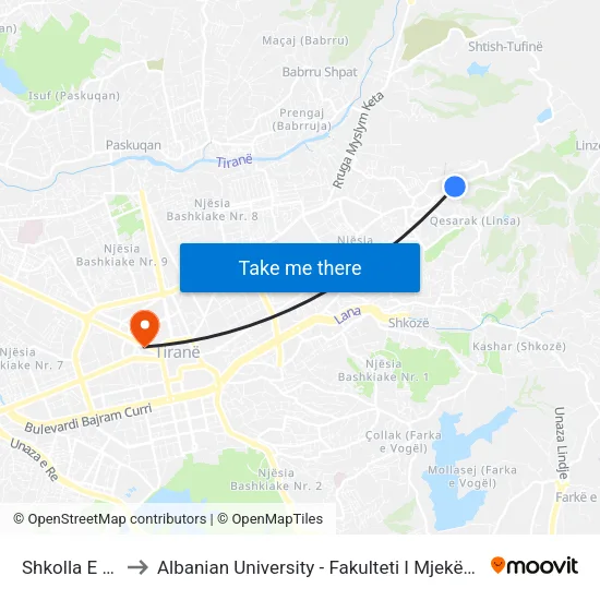 Shkolla E Re to Albanian University - Fakulteti I Mjekësisë map