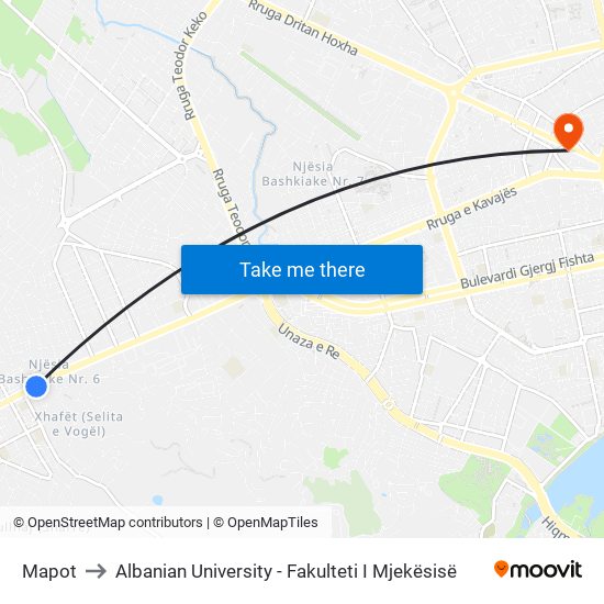 Mapot to Albanian University - Fakulteti I Mjekësisë map