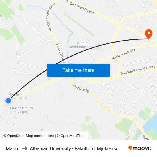 Mapot to Albanian University - Fakulteti I Mjekësisë map