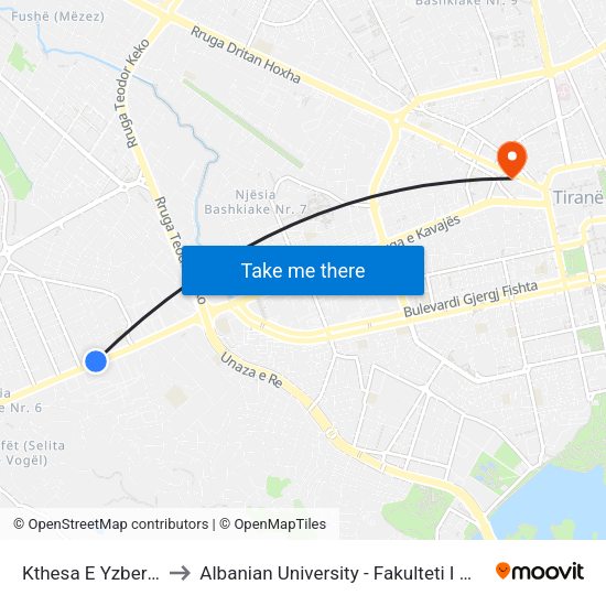 Kthesa E Yzberishtit to Albanian University - Fakulteti I Mjekësisë map