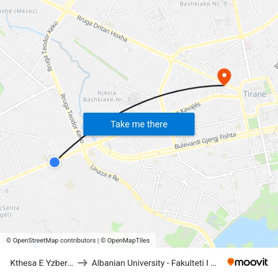 Kthesa E Yzberishtit to Albanian University - Fakulteti I Mjekësisë map