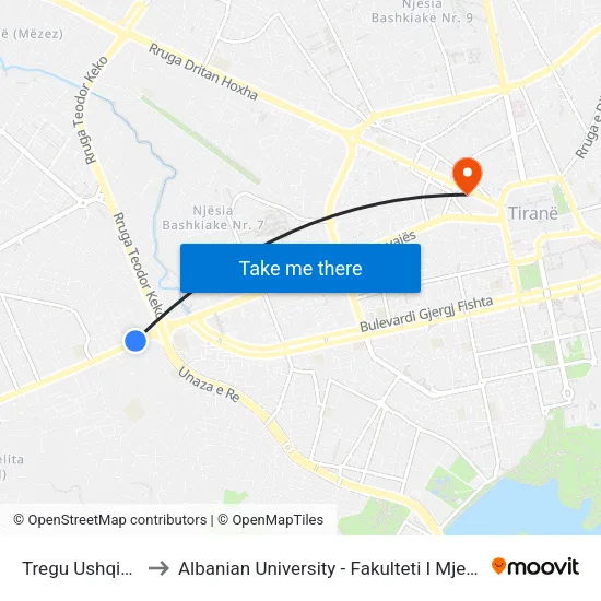 Tregu Ushqimor to Albanian University - Fakulteti I Mjekësisë map