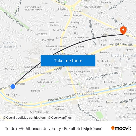 Te Ura to Albanian University - Fakulteti I Mjekësisë map