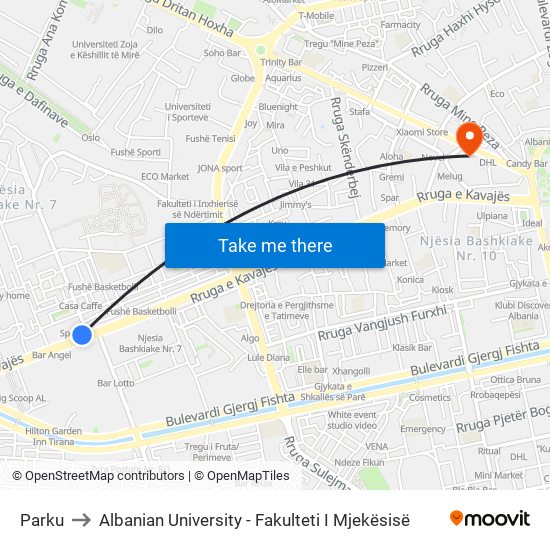 Parku to Albanian University - Fakulteti I Mjekësisë map