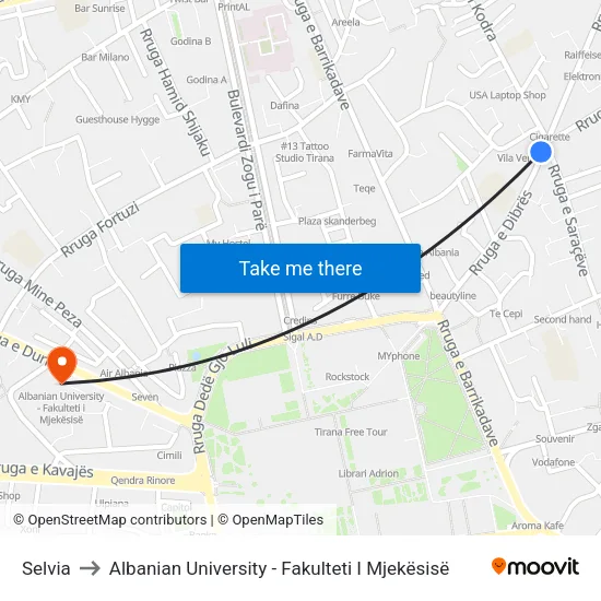 Selvia to Albanian University - Fakulteti I Mjekësisë map