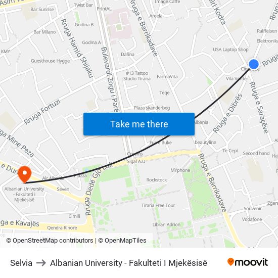 Selvia to Albanian University - Fakulteti I Mjekësisë map