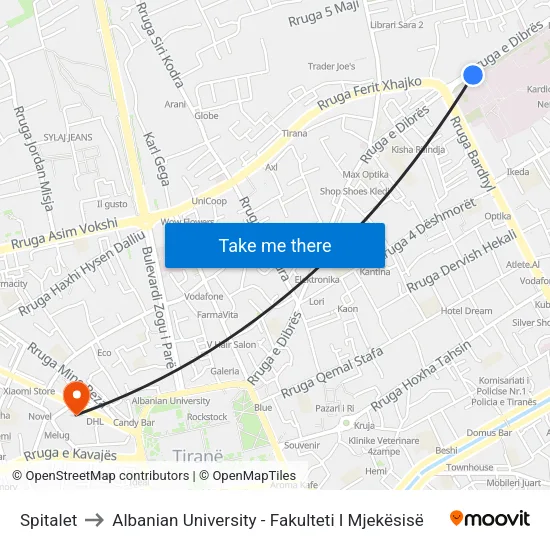 Spitalet to Albanian University - Fakulteti I Mjekësisë map