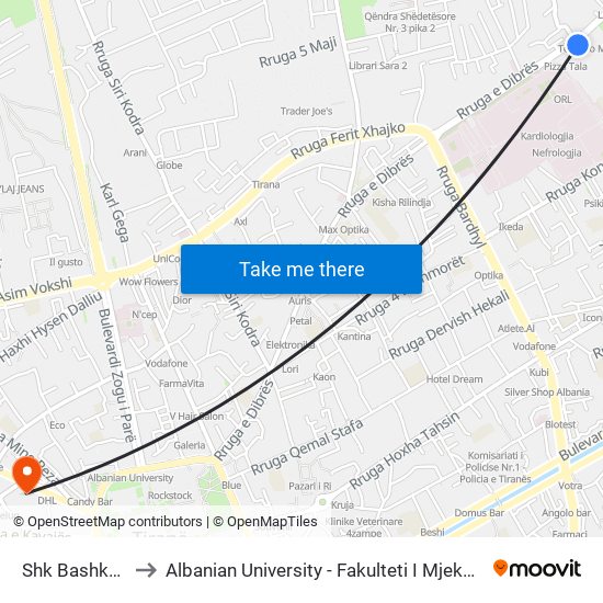 Shk Bashkuar to Albanian University - Fakulteti I Mjekësisë map