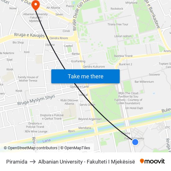 Piramida to Albanian University - Fakulteti I Mjekësisë map
