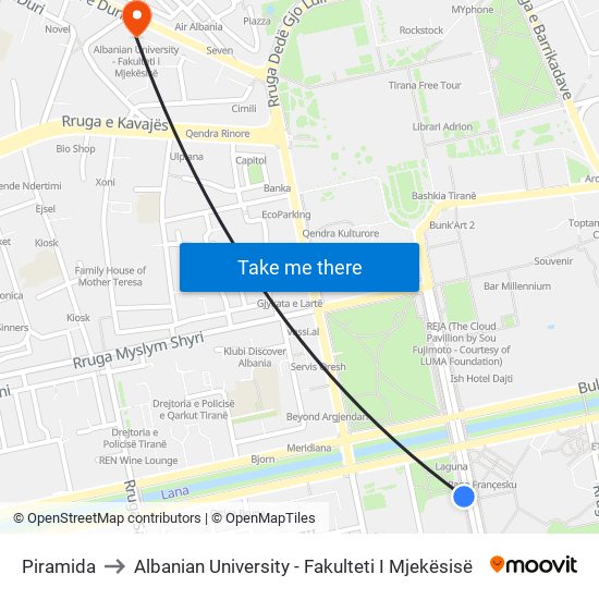 Piramida to Albanian University - Fakulteti I Mjekësisë map