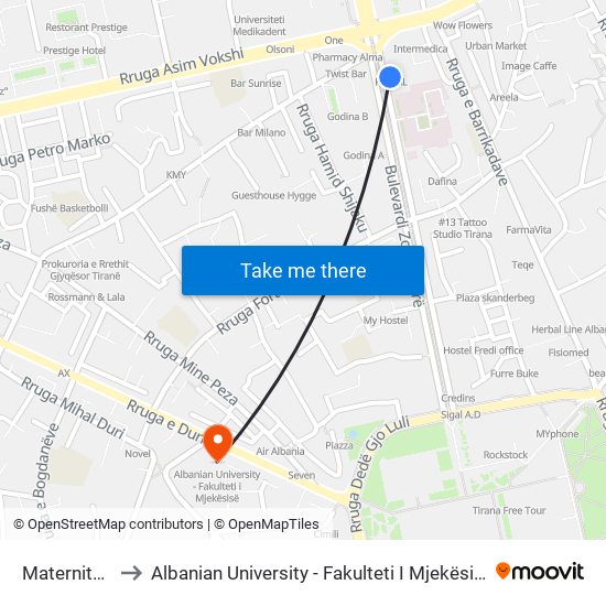 Materniteti to Albanian University - Fakulteti I Mjekësisë map