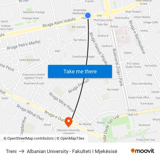 Treni to Albanian University - Fakulteti I Mjekësisë map