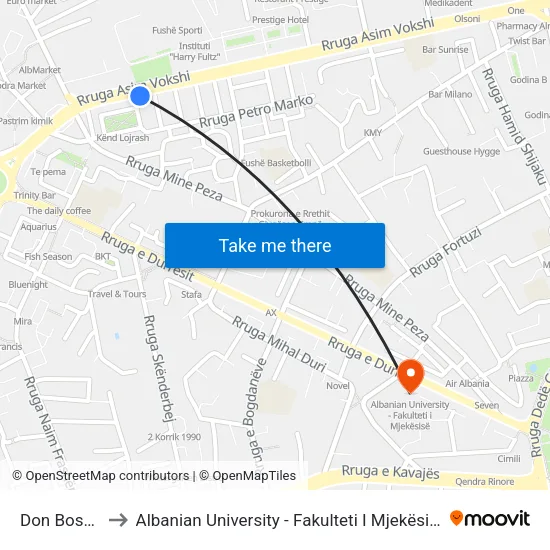 Don Bosko to Albanian University - Fakulteti I Mjekësisë map
