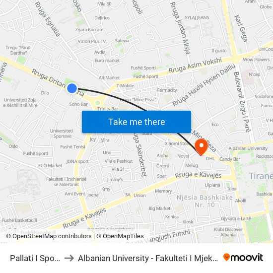 Pallati I Sportit to Albanian University - Fakulteti I Mjekësisë map