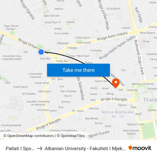 Pallati I Sportit to Albanian University - Fakulteti I Mjekësisë map
