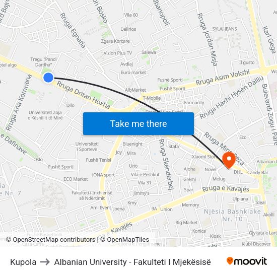 Kupola to Albanian University - Fakulteti I Mjekësisë map